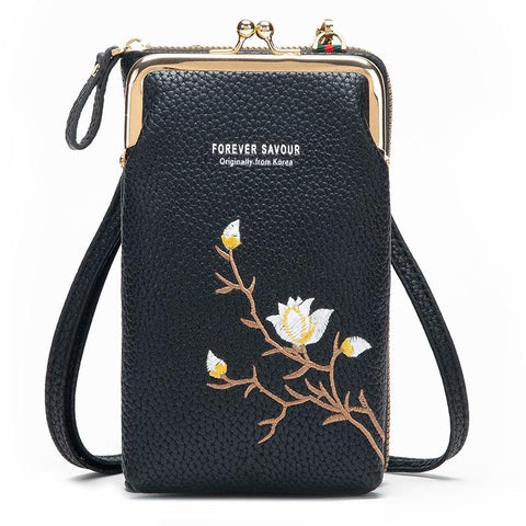 Black Embroidered Single Shoulder Phone Bag Wallet Wallets