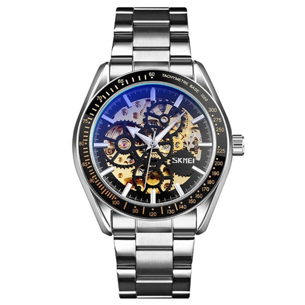 Silver Steel Band Automatic Skeleton Watch For Men Watches