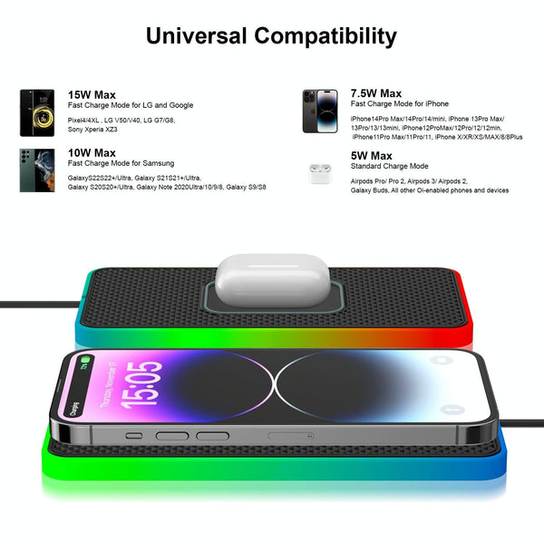 15W 2 In Car Wireless Charger With Non Slip Mat And Colourful Light 0.3M Usb Cable C/Type 1M Other Car Interior
