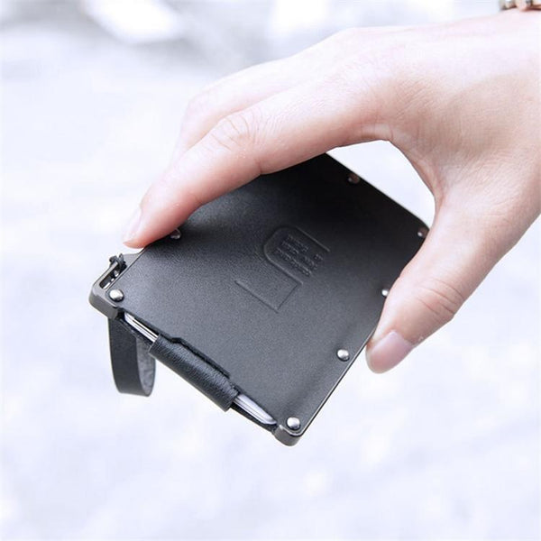 Ultra Thin Pull Out Card Holder Black Genuine Leather Business Card Holders