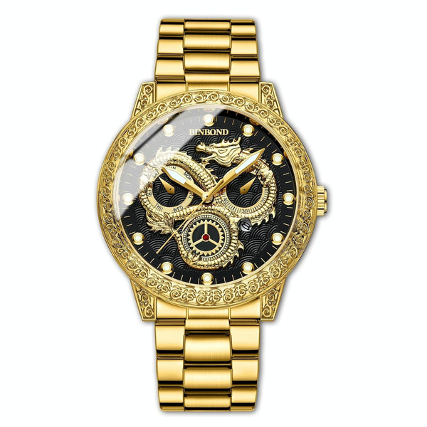 Dragon Embossed Luminous Waterproof Watch Quartz Full Gold Black Watches
