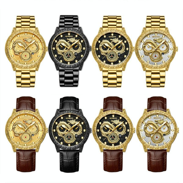Dragon Embossed Luminous Waterproof Watch Quartz Full Gold Black Watches