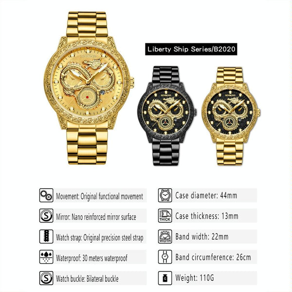 Dragon Embossed Luminous Waterproof Watch Quartz Full Gold Black Watches