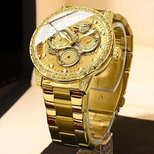 Dragon Embossed Luminous Waterproof Watch Quartz Full Gold Black Watches