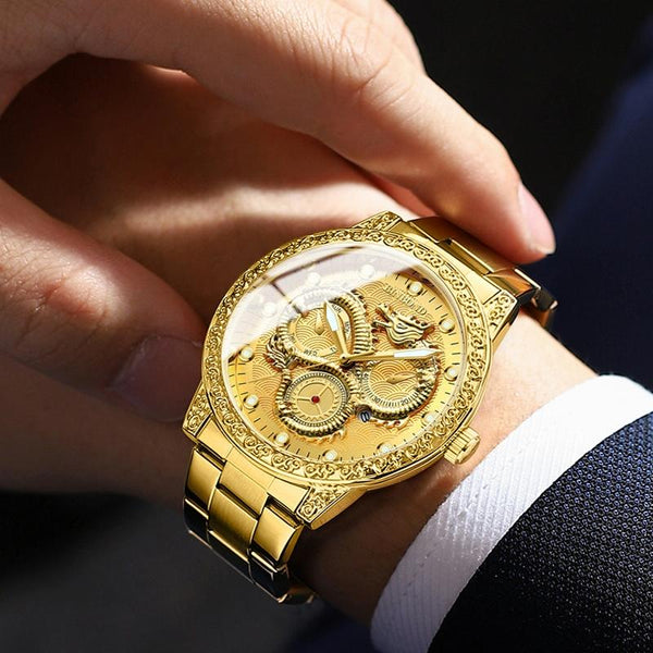 Dragon Embossed Luminous Waterproof Watch Quartz Full Gold Black Watches