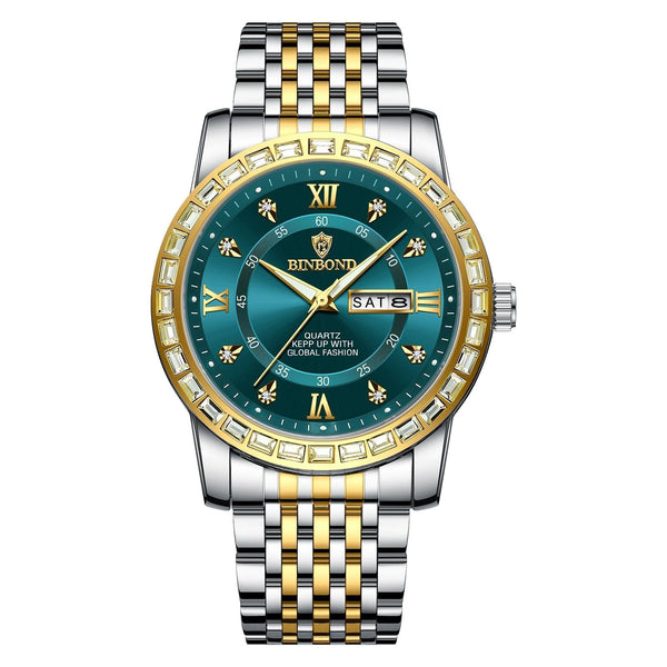 Diamond Dual Calendar Luminous Quartz Watch B2202 Inter Gold Green Watches