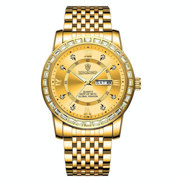 Diamond Dual Calendar Luminous Quartz Watch B2202 Inter Gold Green Watches