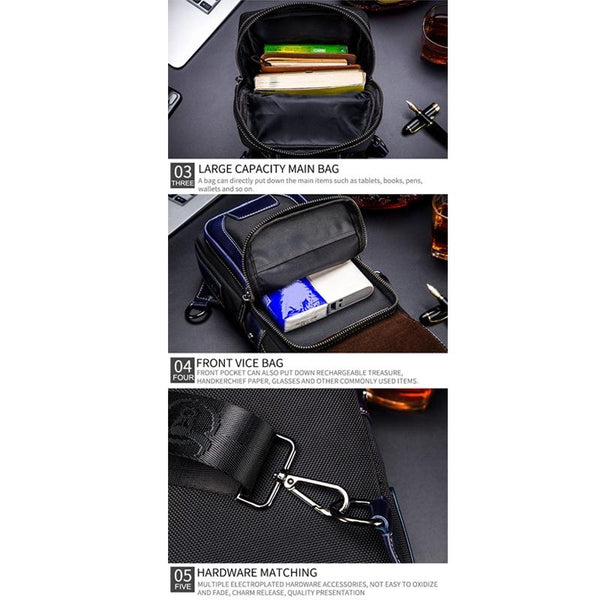 Blue Black Leather Men Chest Bag Casual Shoulder Bags