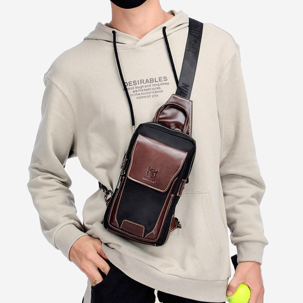 Blue Black Leather Men Chest Bag Casual Shoulder Bags
