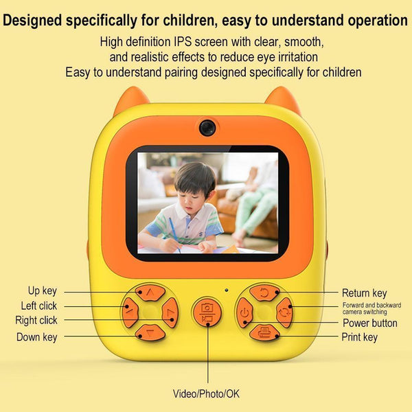 Instant Print Camera With Dual Lens 2.8 Screen For Kids Yellow Orange Digital Cameras