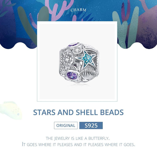 925 Sterling Silver Starfish And Clams Zircon Beaded Bracelet / Necklace Accessory Charms & Pendants