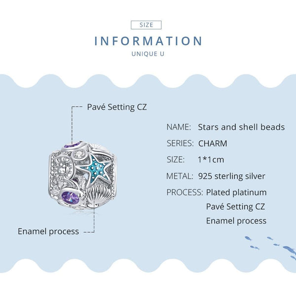 925 Sterling Silver Starfish And Clams Zircon Beaded Bracelet / Necklace Accessory Charms & Pendants
