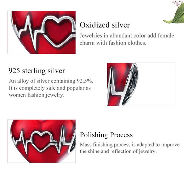 925 Sterling Silver Love Heartbeat Red Pendant For Diy Bracelets & Necklaces Charms & Pendants