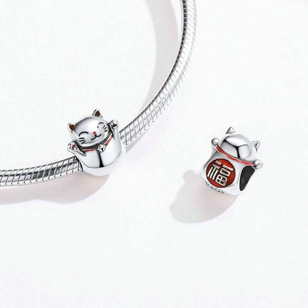 925 Sterling Silver Lucky Cat Beaded Bracelet Diy Accessory Charms & Pendants