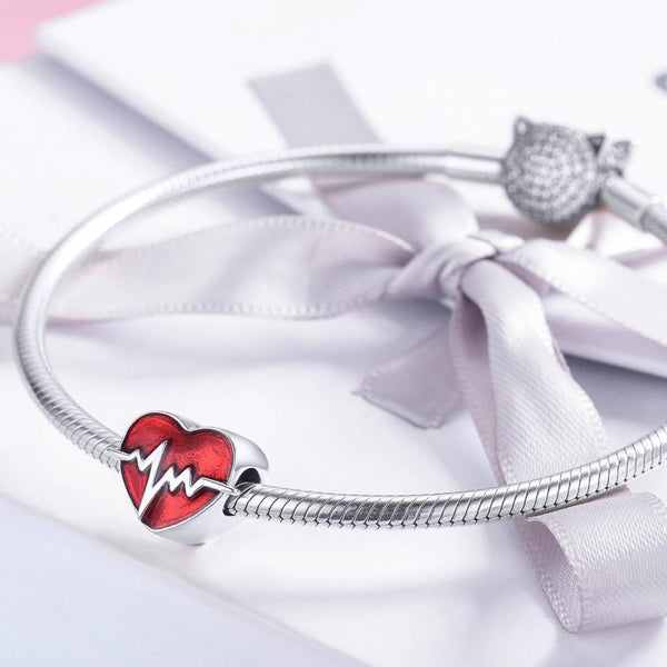 925 Sterling Silver Red Ecg Heart Rate Beaded Love Bracelet Charms & Pendants