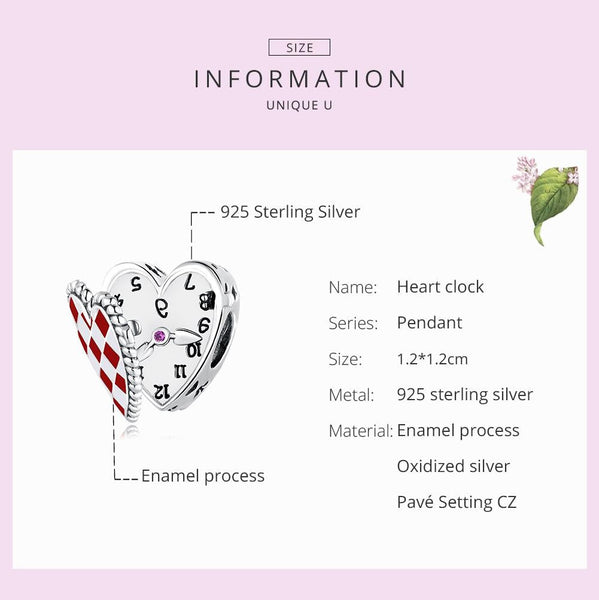 925 Sterling Silver Heart Clock Beads For Diy Bracelets & Necklaces Charms & Pendants