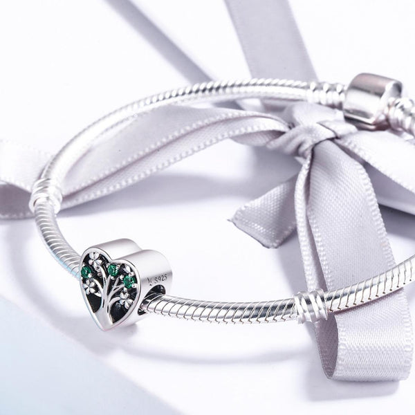 925 Sterling Silver Tree Of Life Heart Bracelet & Clear Beads Charms & Pendants