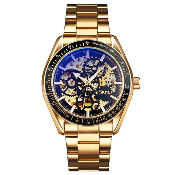 Golden Black Face Men Automatic Skeleton Watch With Steel Band Watches
