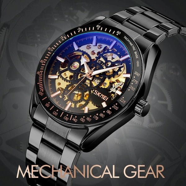 Golden Black Face Men Automatic Skeleton Watch With Steel Band Watches