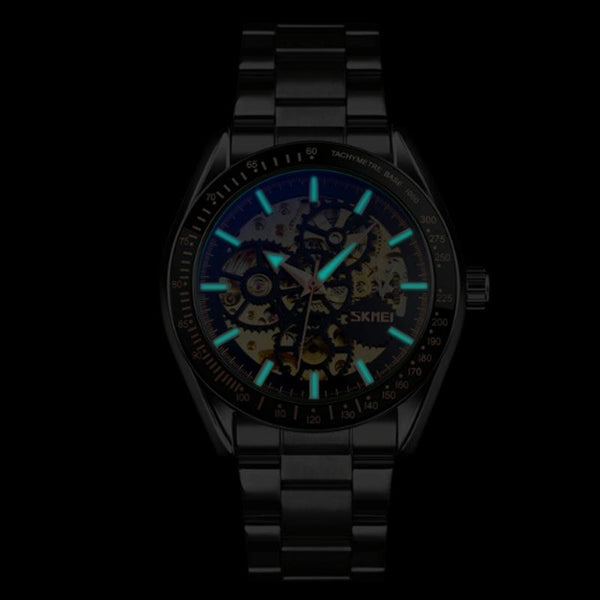 Golden Black Face Men Automatic Skeleton Watch With Steel Band Watches