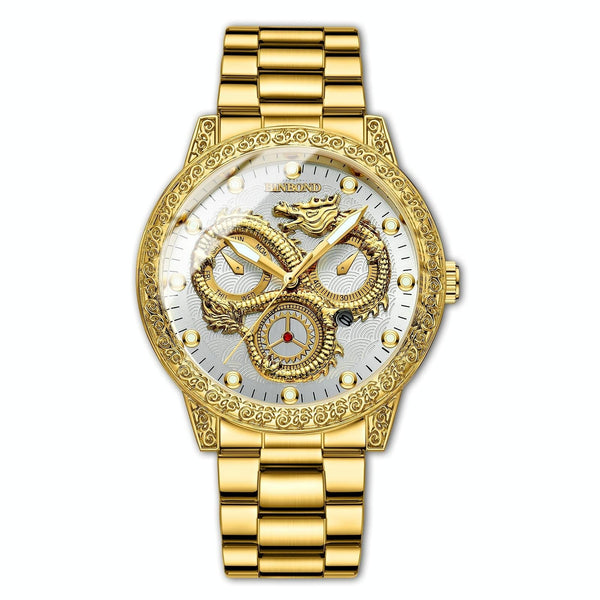 Dragon Embossed Luminous Waterproof Watch Quartz Full Gold White Watches