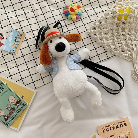 Adorable Cartoon Plush Shoulder Bag Puppy White Blue Women's Bags & Handbags