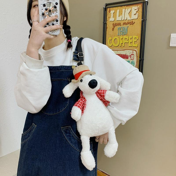 Adorable Cartoon Plush Shoulder Bag Puppy White Blue Women's Bags & Handbags