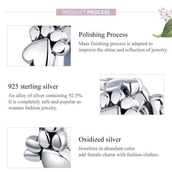 925 Sterling Silver Love Footprints Beaded Bracelet Charms & Pendants