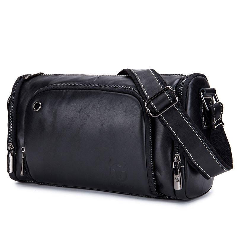 Black Cowhide Messenger Bag For Men Single Shoulder Sports Bags