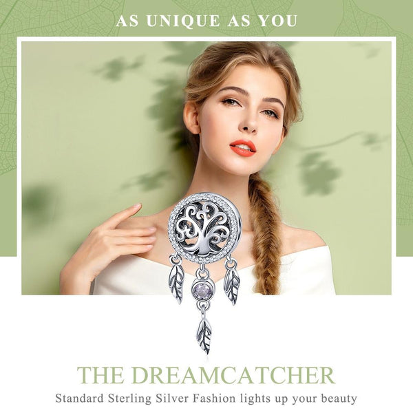 925 Sterling Silver Retro Hollow Dream Catcher Beaded Bracelet Charms & Pendants