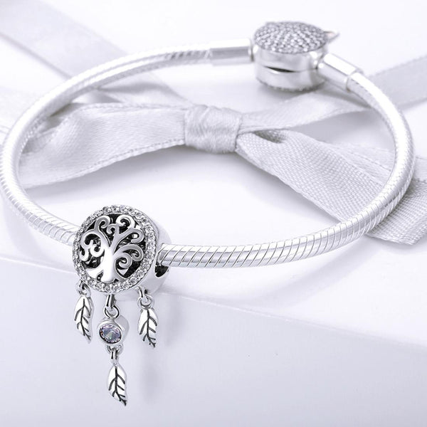 925 Sterling Silver Retro Hollow Dream Catcher Beaded Bracelet Charms & Pendants