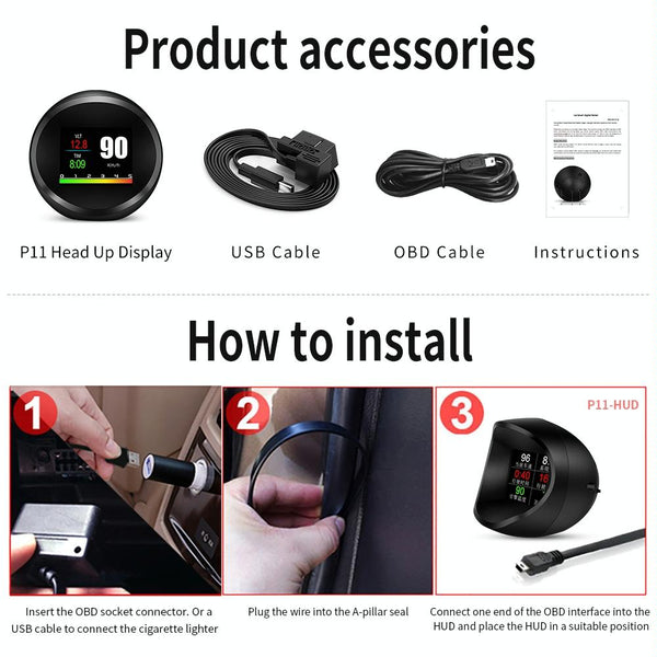 Car Hud Head Up Display Obd2 + Gps Mode Water Temp Speed Voltage Fuel Alarm Other Instruments & Gauges