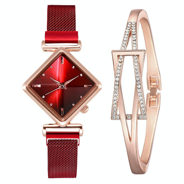 Red Diamond Dial Quartz Watch & Bracelet Set For Women Bracelets