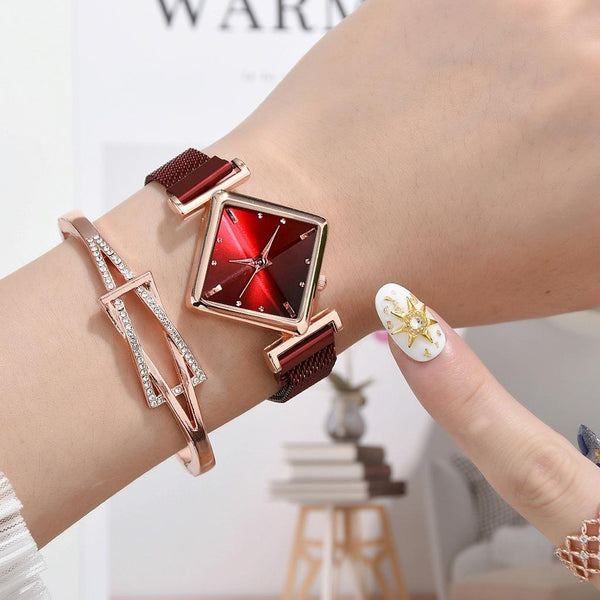Red Diamond Dial Quartz Watch & Bracelet Set For Women Bracelets