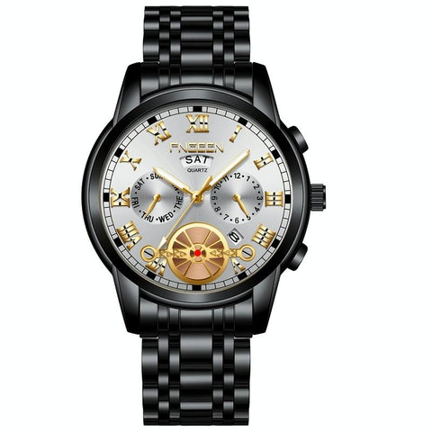 Men Multi Function Quartz Watch Black Steel With White Face And Gold Accents Watches