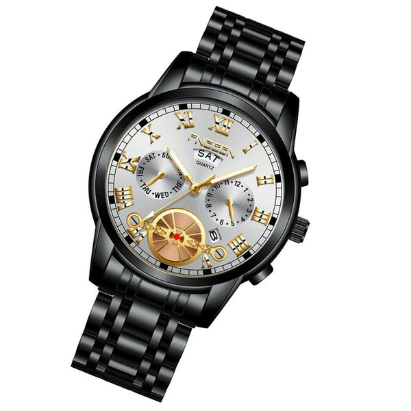 Men Multi Function Quartz Watch Black Steel With White Face And Gold Accents Watches