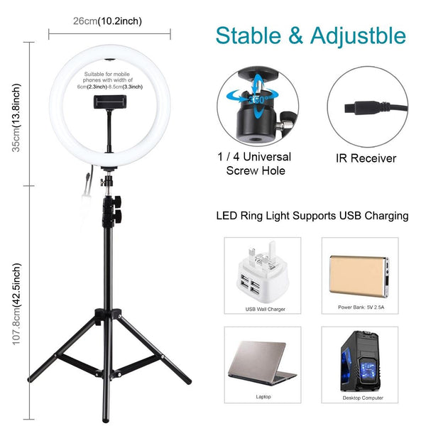 10.2 Rgbw Led Ring Light Kit With 1.1M Tripod Remote Ball Head And Phone Clamp Mounts & Holders