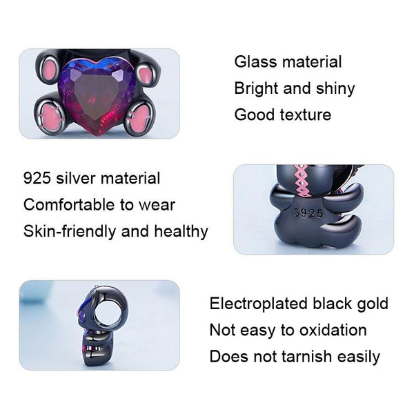 925 Sterling Silver Bear Beads Love Bracelet Black Gold Plated Charms & Pendants