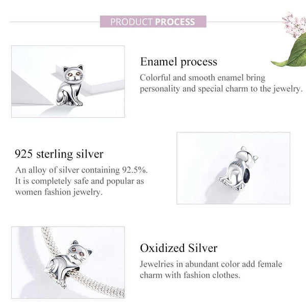 925 Sterling Silver Adorable Cat Beaded Bracelet Charms & Pendants