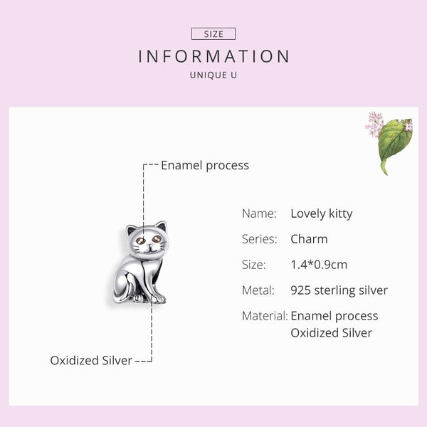925 Sterling Silver Adorable Cat Beaded Bracelet Charms & Pendants
