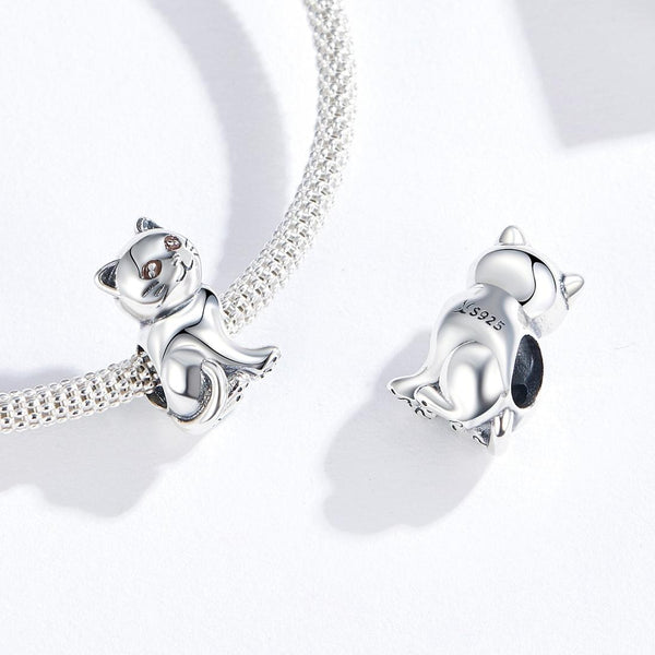 925 Sterling Silver Adorable Cat Beaded Bracelet Charms & Pendants