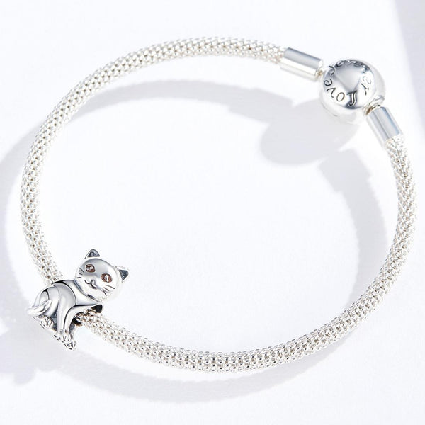 925 Sterling Silver Adorable Cat Beaded Bracelet Charms & Pendants