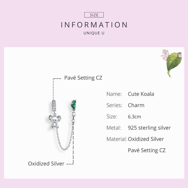 925 Sterling Silver Koala Safety Chain For Bracelets & Necklaces Charms & Pendants