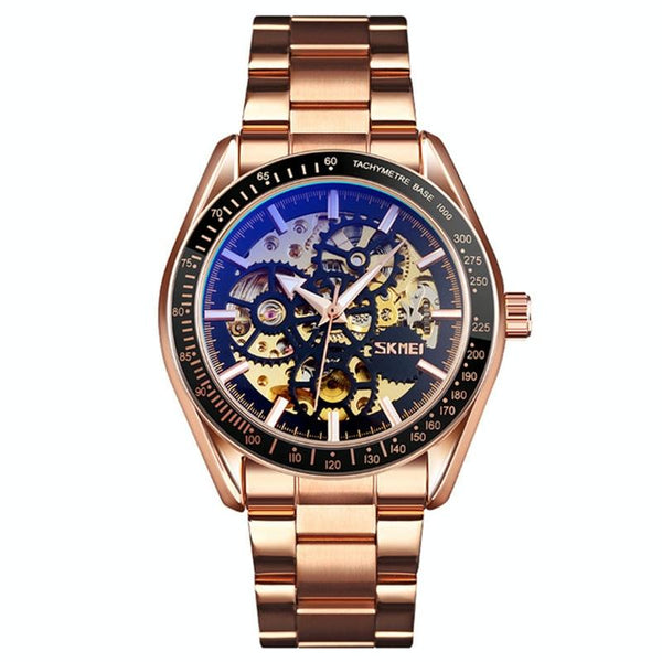 Rose Gold Automatic Skeleton Watch For Men With Steel Band Watches