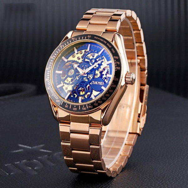 Rose Gold Automatic Skeleton Watch For Men With Steel Band Watches