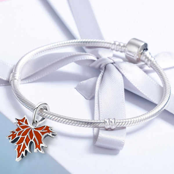 925 Sterling Silver Autumn Maple Leaf Beaded Bracelet Charms & Pendants