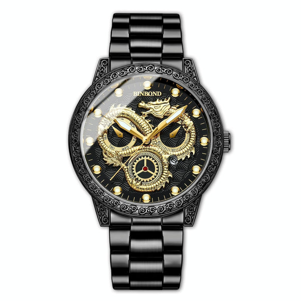Dragon Embossed Luminous Waterproof Watch Quartz Black Steel Black Watches