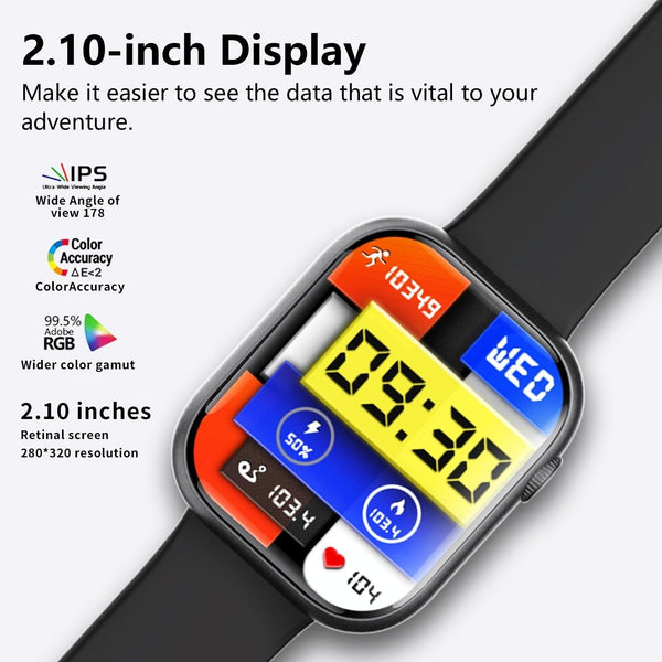 2.1 Inch Screen Smart Watch With Blood Sugar / Oxygen Monitoring Sos Alarm 100+ Sports Modes Black 3 Bead Steel Smart Watches