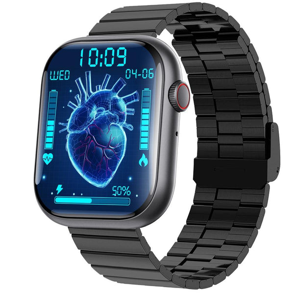 2.1 Inch Screen Smart Watch With Blood Sugar / Oxygen Monitoring Sos Alarm 100+ Sports Modes Black 3 Bead Steel Smart Watches