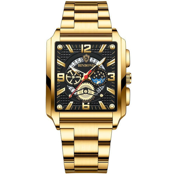 Square Multifunctional Luminous Quartz Watch For Men Gold And Black Watches